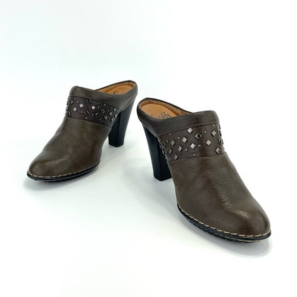 Sofft Soleil High Heel Clog/Mule Size 7.5 Brown/Green Leather Cushioned Studded - Picture 13 of 15